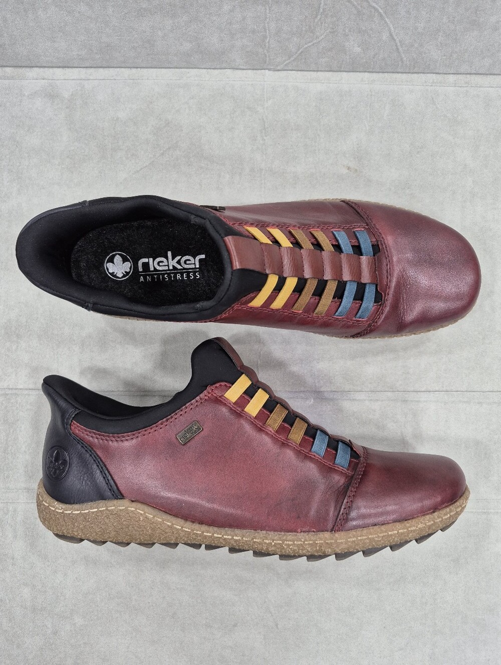 Rieker Tex Liv slip on shoes women's 10 burgundy leather colorful bungee laces